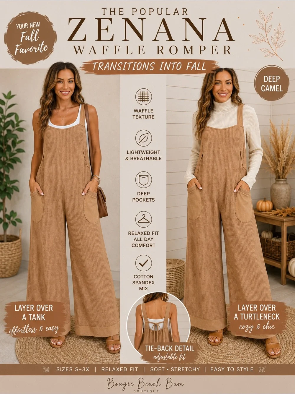 Zenana Outfitters Deep Camel Waffle Jumpsuit Romper - Picture 1 of 4